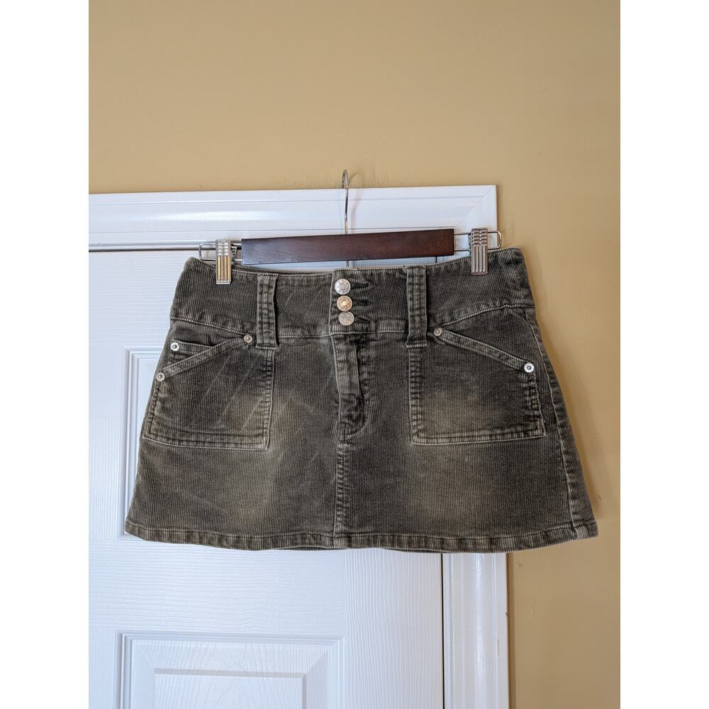 R4R Rave Corduroy Mini Skirt Y2K Low Rise Size 13 Green Grunge Edgy Indie Sleaze